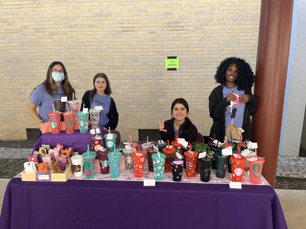 warrenfcs's tweet photo. Great day for fashion students at the Los Leones Art Festival! Students hand crafted cups and coffee cup sleeves💜 @NISDWarren @NISD_CTE We only have a few left if you are interested! Come by A110! https://t.co/gj02TPxuXR