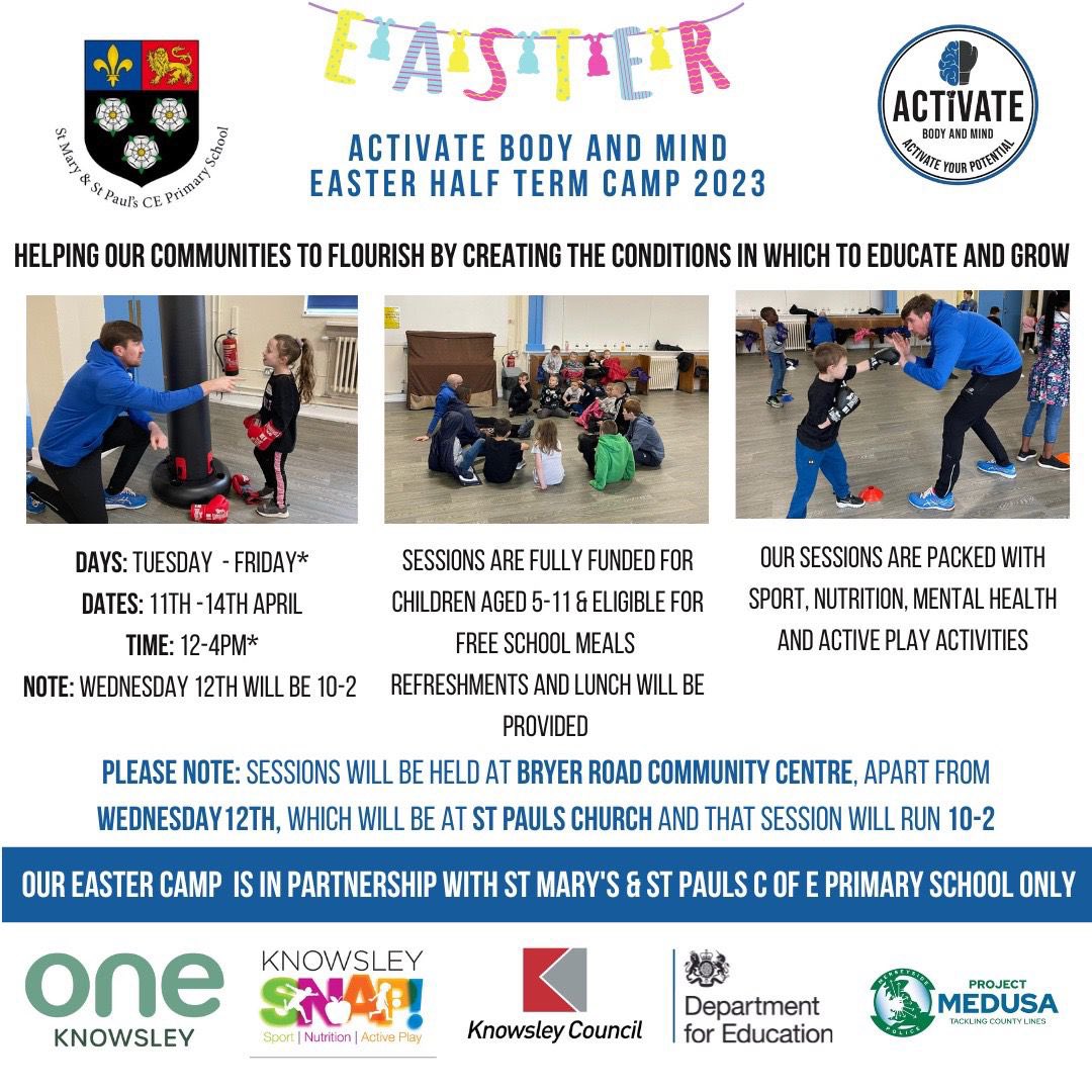 We are excited to announce our Easter HAF program in st Mary&amp; St Paul’s  primary school. Our program will be based around the health and well-being of children activatebodyandmind.co.uk/haf-registrati… please click the link <a href="/StPrescot/">St Mary and St Paul’s CE Primary, Prescot</a> 
#EasterSNAP2023 #HAF2023