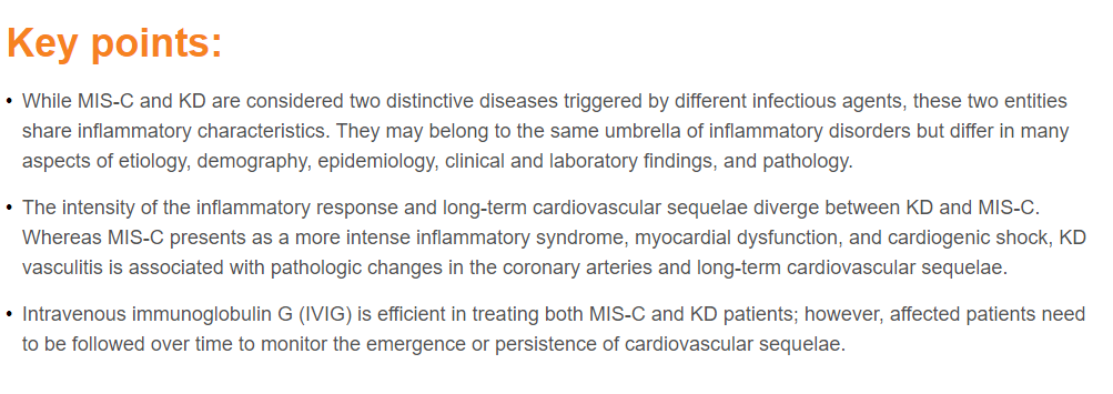 yoncabulutmd's tweet image. "IVIG is efficient in treating both #MISC and KD patients; however, affected patients need to be followed over time to monitor the emergence or persistence of cardiovascular 

 #MISC #KawasakiDisease #Covid19 #PedsICU 
@ArditiMd @LaelYonker @BrodinPetter @lizWWyld @InfectiousDz