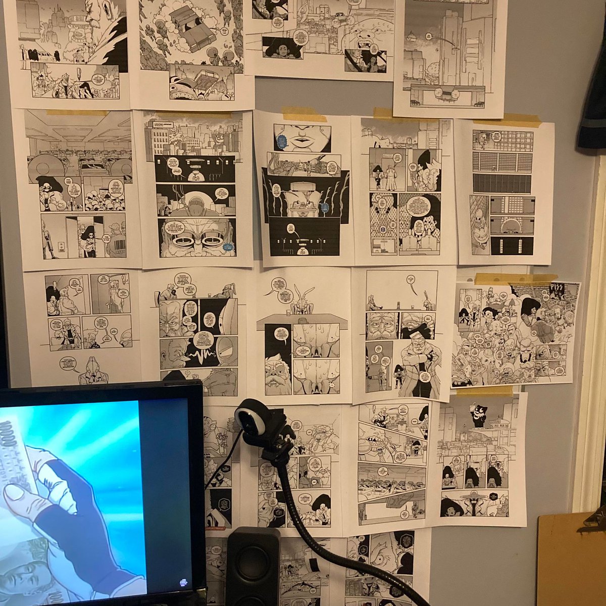 mjgoodwinart's tweet photo. My wall until the art for issue 1 of #NebNovComic is finished...
my choice of wallpaper may or may not have been inspired by @bishart
-
#makingcomics #justmakecomics #comics #comicart #comic #art #artwork #comicartist #artistsontwitter #digitalart #insta #instaphoto #comicpage https://t.co/rLLqfvAeL4