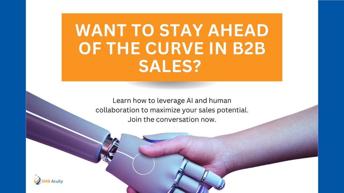 Want to stay ahead of the curve in B2B sales? Learn how to leverage AI and human collaboration to maximize your sales potential in our latest blog. Join the conversation now.
#B2Btrend2023 #AI

. Join the conversation now. #B2Bsales #AI #humanintelligence #SMBacuity