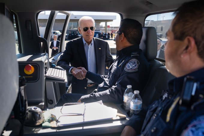 President Biden greets with officers near the border in El Paso, Texas.
