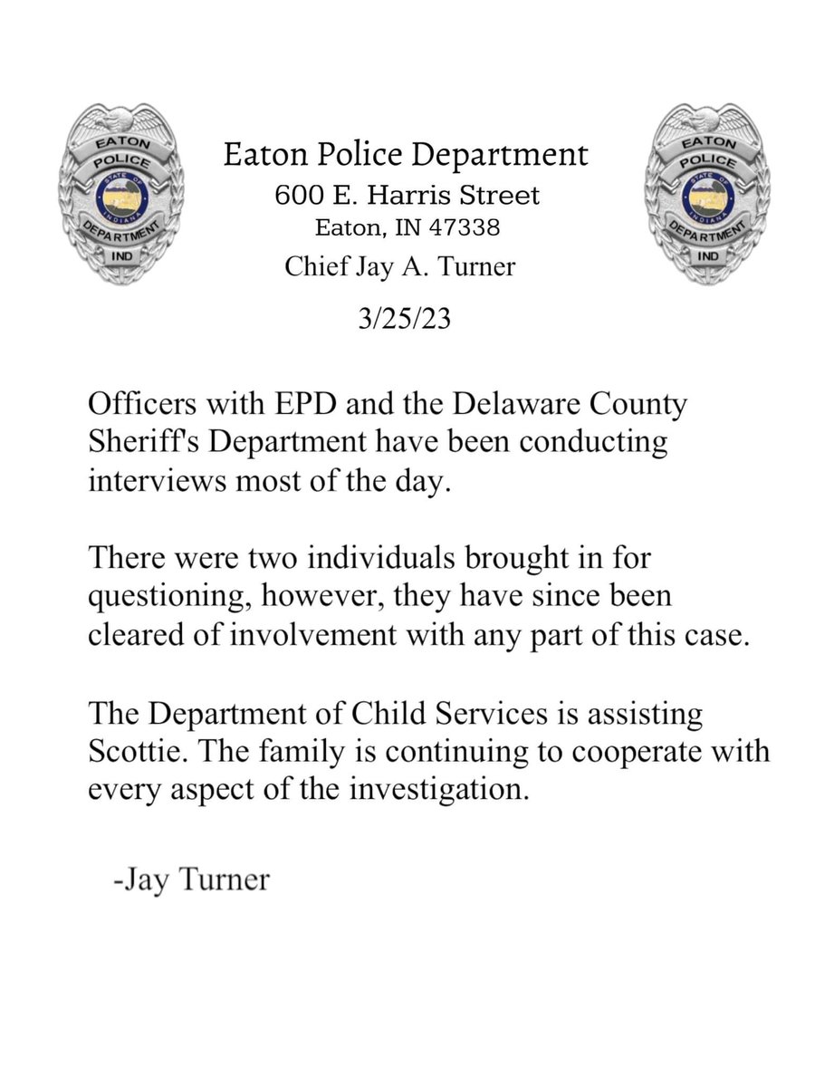 I am incredibly impressed with #EatonIndianaPolice in their continued follow up and investigation of #ScottieDeanMorris who was found late last night after missing for nine days. Their compassion and desire to protect this child is above and beyond. Tonights update attached.