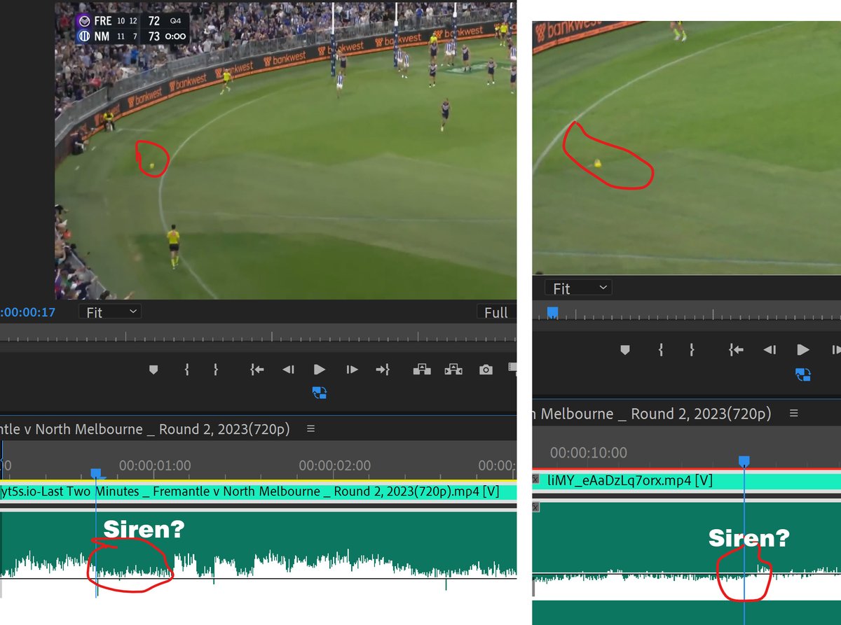 mavoz's tweet photo. @FootyClassified @FootyonNine The Zapruder Film appears to have nothing on this! Two different angles and sound bites. Would really need higher res media analysis to compare properly. #GoKangas #AFLFreoNorth https://t.co/b4pog3sCps