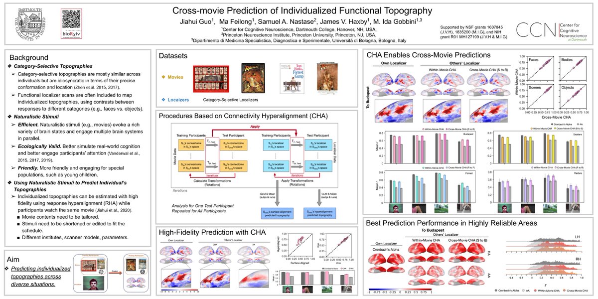 Are you interested in learning how to predict individualized topographies using naturalistic stimuli without localizers? I will present 'Cross-movie Prediction of Individualized Functional Topography' at @CNSmtg @CogNeuroNews on Monday, March 27 (Poster E83). Welcome! #CNS2023