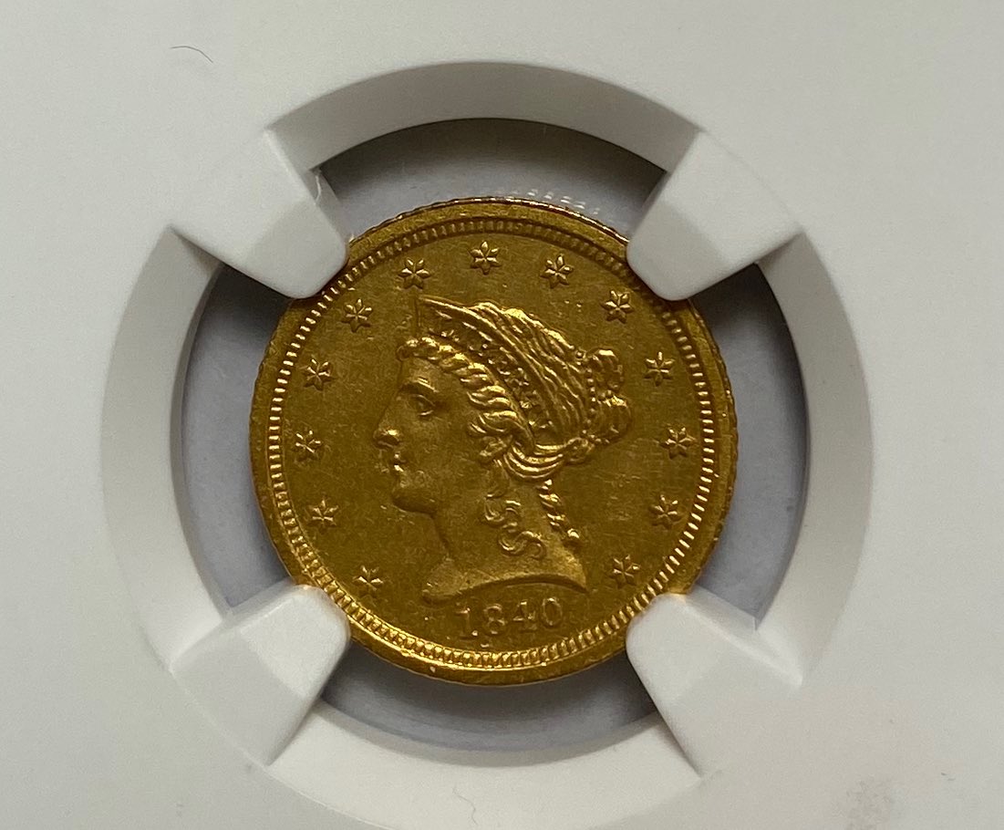 SteinmetzCoin's tweet image. Charlotte NC produced gold for only a few years.  This 1840 C $2.50 gold has a mintage of only $12,822.  I always enjoy pre civil war gold #saturdaynightcoinshow. #gold #coin.