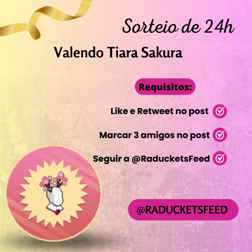 RaducketsFeed's tweet photo. 💰 SORTEIO DE 24H 💰

🌟 Prêmio: Tiara Sakura - 1 vencedor 🌟

👉 Requisitos:

• Dar RT + FAV no post;
• Seguir a @RaducketsFeed;
• Marcar 3 amigos neste post.

🗓 Resultado amanhã (26/03 - Domingo) às 21:30 BR | 01:30 PT.

Boa sorte a todos 💞 https://t.co/nQLhwt6R5m
