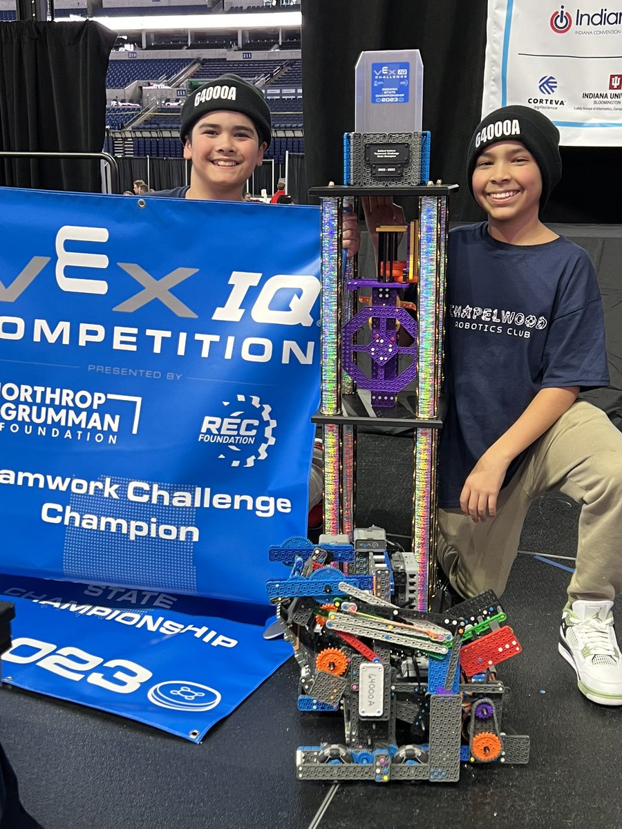 Congratulations to Chapelwood Robotics members, Jacob Modesto and Miguel Quinones-Mora, the 2023 Indiana Vex State Champions!  The Lucas Oil Stadium event hosted the top 130 teams in the state!  On to the World Championships in Dallas!@CWChamps <a href="/WayneTwpSuper/">Dr. Jeff Butts</a> #wearewayne