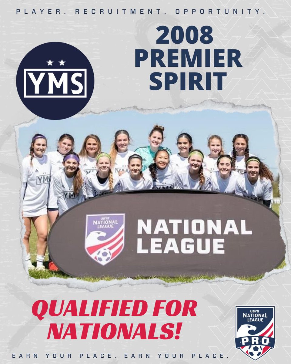 🚨 The YMS 2008 Premier Spirit have punched their ticket to Nationals! The girls wrapped up their <a href="/NationalLeague/">National League</a> P.R.O. season with a win this afternoon to &amp; will be heading to Orlando in July! We’re proud of you, girls! CONGRATULATIONS!!🚨 
 
#ymssoccer #ymsproud #EarnYourPlace