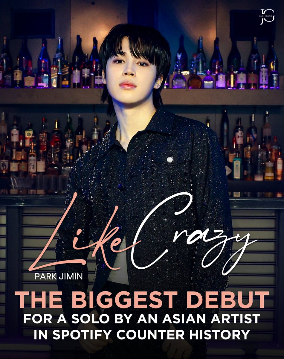JiminGlobal's tweet photo. #LikeCrazy sets the record for the biggest debut for a solo by an Asian artist in Spotify counter history, with 7,998,768 streams!🔥

The song breaks the record of "Set Me Free Pt. 2" also by #Jimin for the biggest debut for a solo by a K-pop or Korean artist.

Congratulations, Jimin!🥳

JIMIN HISTORY MAKER
RECORD MAKER JIMIN
#LikeCrazy_Jimin 
#Jimin_FACE
