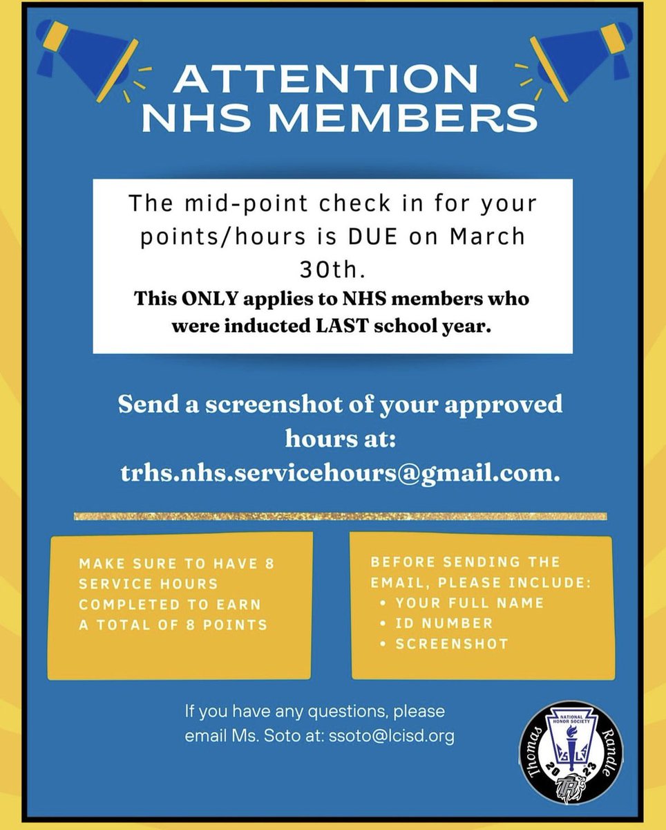 ATTENTION NHS MEMBERS:
The midpoint check in is due on Thursday, March 30th. Make sure to send a screenshot of your completed hours with your FULL NAME and ID NUMBER.
If you were recently inducted this month, this does not apply to you.