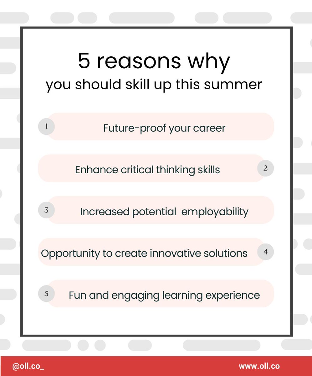 Summer is the perfect time to skill up and take your career to the next level.
.
.
#SkillsForSuccess #PersonalGrowth #LearningCommunity #ShareYourThoughts #oll #onlinelearning #skills