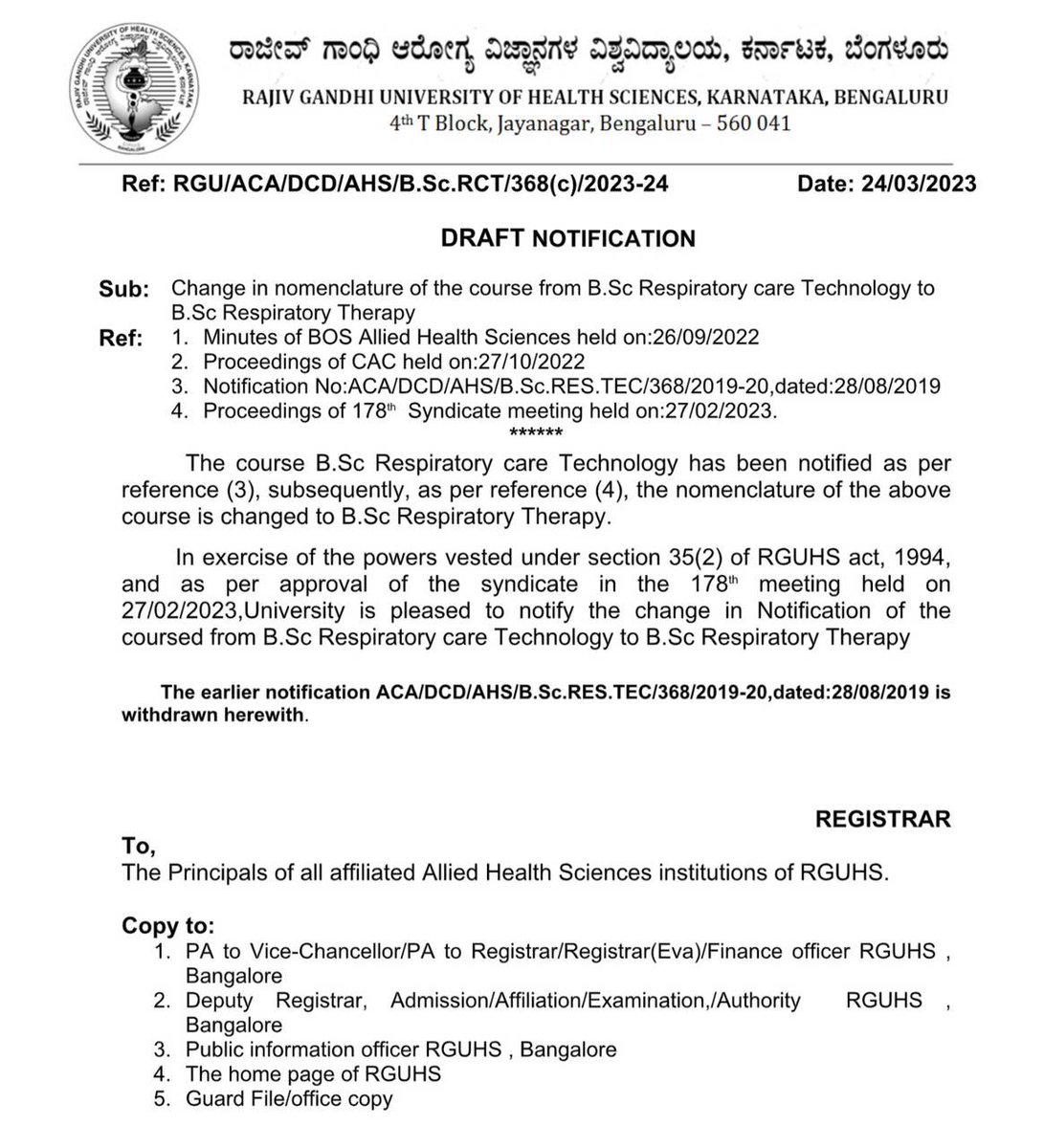 IARC (@iarctoday) on Twitter photo The largest #RT program in #India offered by #RGUHS (more than 30 colleges & 600 student intake per year) now officially changed its nomenclature to “RESPIRATORY THERAPY” as part of IARCs standardisation efforts.
<a href="/VCRguhs/">Dr Bhagavan B C</a> <a href="/IRCCouncil/">ICRC - International Council for Respiratory Care</a> <a href="/NBRC_tweets/">The National Board for Respiratory Care - NBRC</a> <a href="/MoHFW_INDIA/">Ministry of Health</a>
#worldneedsmoreRT The largest #RT program in #India offered by #RGUHS (more than 30 colleges & 600 student intake per year) now officially changed its nomenclature to “RESPIRATORY THERAPY” as part of IARCs standardisation efforts.
<a href="/VCRguhs/">Dr Bhagavan B C</a> <a href="/IRCCouncil/">ICRC - International Council for Respiratory Care</a> <a href="/NBRC_tweets/">The National Board for Respiratory Care - NBRC</a> <a href="/MoHFW_INDIA/">Ministry of Health</a>
#worldneedsmoreRT
