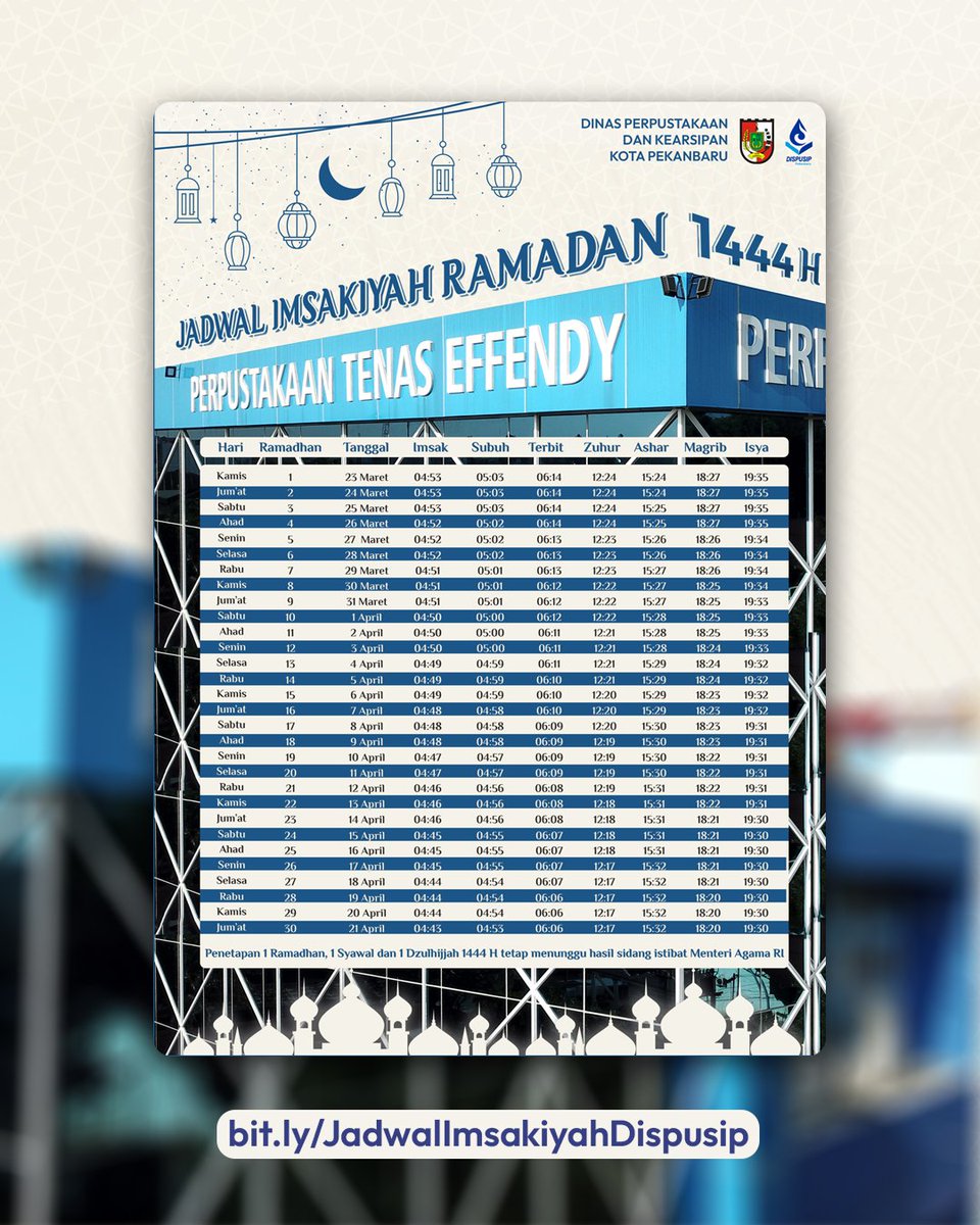 DispusipPKU's tweet photo. Assalamualaikum sobat literasi sekalian 🙏
agar puasa ramadan berjalan lancar, aman dan tentram, baiknya save 📥 jadwal imsakiyah ini yaa~ supaya sahurnya ga kebablasan 😁 
xixixixi

🔗https://t.co/nlaLVUJru5

#perpustakaantenaseffendy 
#dispusippekanbaru 
#ramadan1444h https://t.co/vWsWOT088o