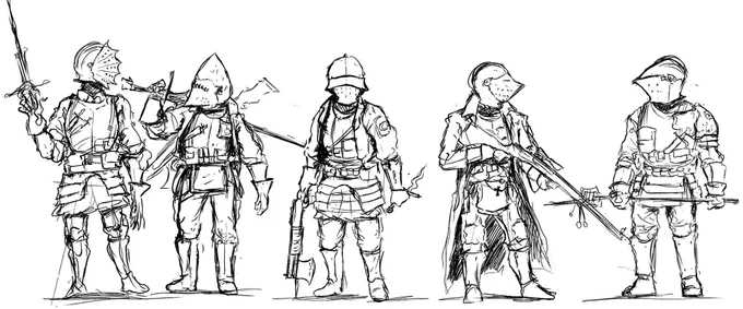 Rough design sketches of five knights (at freddy's) 
