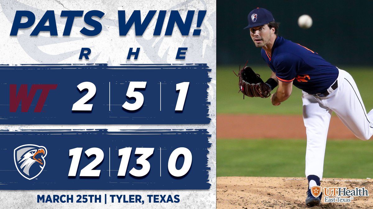 uttylerpatriots's tweet photo. BASE | PATS WIN!

@uttylerbaseball gets a pair of gems from lefties Dylan Blomquist and Miles Clack on their way to a doubleheader sweep of #25 West Texas A&amp;M!

#SWOOPSWOOP https://t.co/IzewqyyHF9