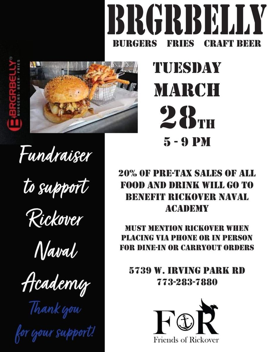 RickoverNavalHS's tweet photo. Hey Rickover Families--@BRGRBELLY is having a Fundraising night to benefit Rickover this coming Tuesday, March 28th, 5-9pm!  Mention Rickover &amp; 20% pre-tax sales of all food and drinks will go to Friends of Rickover! #SupportOurCadets #Burgers https://t.co/1Rg9EHYL0E