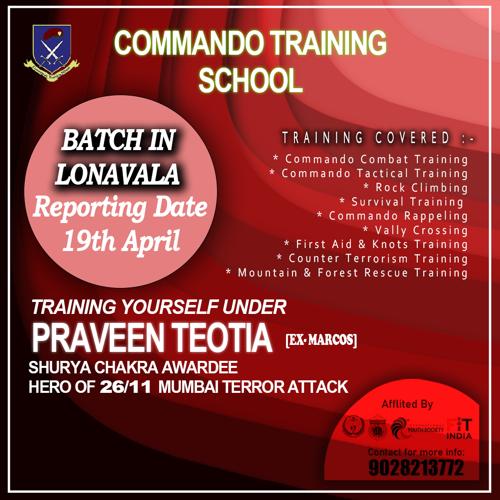 CommandoSchool's tweet photo. Commando Training School has put together yet another adventurous &amp; unique experience. Get trained by the best in the field - Ex Marcos &amp; 26/11 Hero @MarcosPraveen at our next camp in Lonavala.
Enroll for our new batch right away!Contact us on +91 9028213772 for more details. https://t.co/dnAb6nVyiR