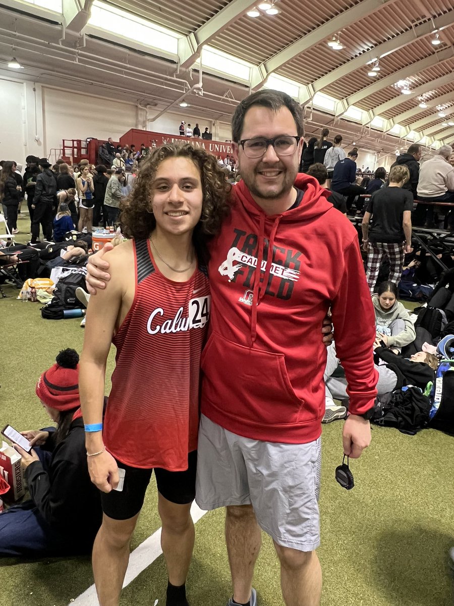 Coach Kim and Javier Lopez after his 3200 today at indoor state. This is the first time Calumet has been represented at indoor state in the 3200. He is currently 6th in school history.