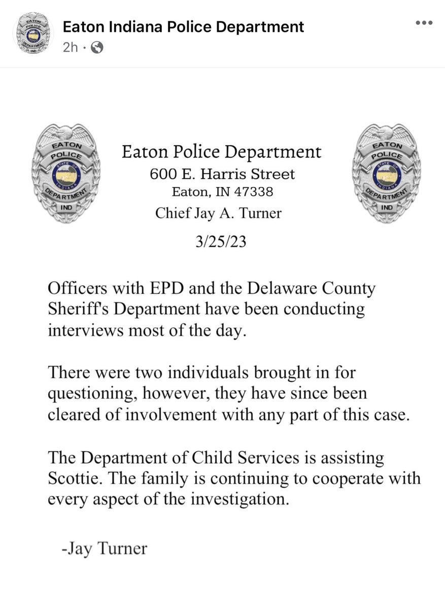 ⚠️ Latest Update from #Eaton PD about #ScottieMorris : LE have been conducting interviews most of the day. Two individuals have been called in for questioning, but both have been cleared of any involvement. DCS is continuing to assist Scottie & his family “continues to…