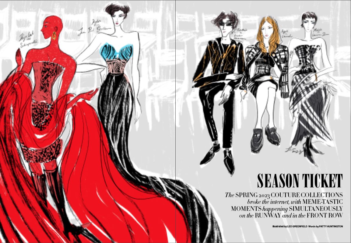 Watch out for illustrator <a href="/leo/">Leo</a>.greenfield's and Patty Huntington's 12-page Spring 2023 haute couture portfolio in <a href="/bazaaraustralia/">Harper's BAZAAR</a>'s April issue in our second illustrated couture report). Thanks @jilliandavison for believing in the magic of fashion illustration.