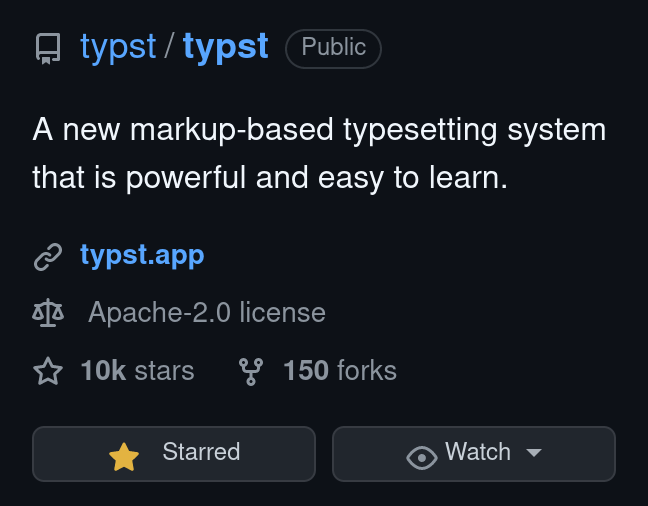 dginev's tweet photo. The Typst snowball has become an avalanche.

open sourced: 5 days = 10,000🌟

Typesetting, the Rust way. And I'm here for it! 🚀

https://t.co/1PjQJq3dME https://t.co/SqdKKLzKCe