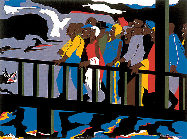 Confrontation at the Bridge from the series Not Songs of Loyalty Alone: The Struggle for Personal Freedom, 1975 #jacoblawrence #dynamiccubism wikiart.org/en/jacob-lawre…