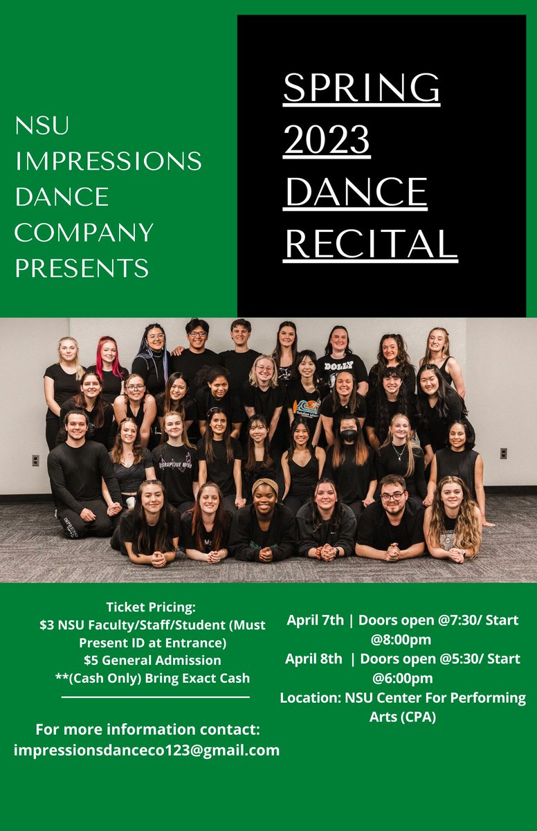 It’s about that time again, NSU! We are so happy to announce our Spring 2023 Dance Recital Dates! 💚💚💚