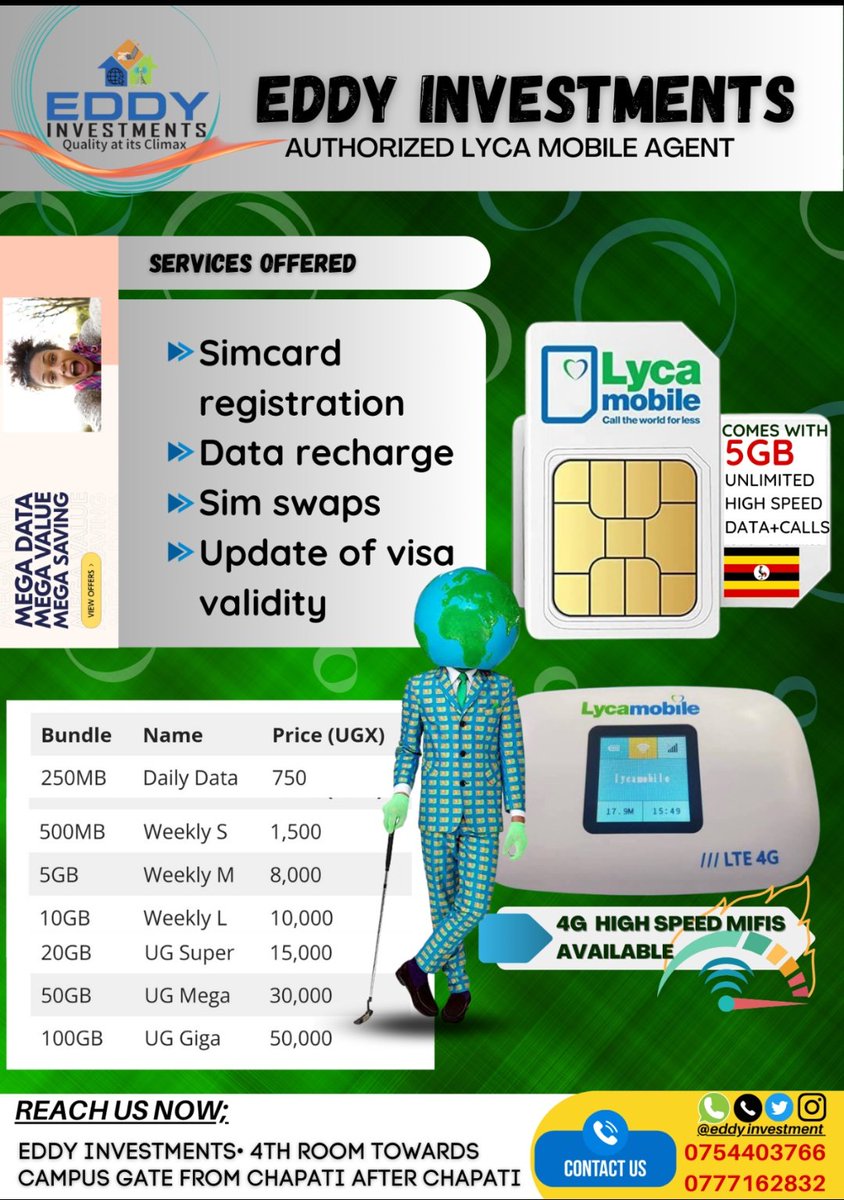 _Eddyinvestment's tweet photo. Ishaka Bushenyi, mitooma, Rubirizi, Sheema, your plug for @LycamobileUG SIMCARDS is up here, Don't get stuck with the increased prices of data bundles with @mtnug and @Airtel_Ug
#lycamobileug
@lycamobile https://t.co/88ZVkCLnCH