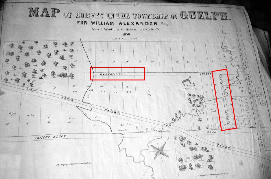 Guelph Streets that have changed names #2. Alexander Street now Westwood Road, Helen Street now part of Hanlon Expressway Hwy # 6. Map date: 1856 #GuelphHistory