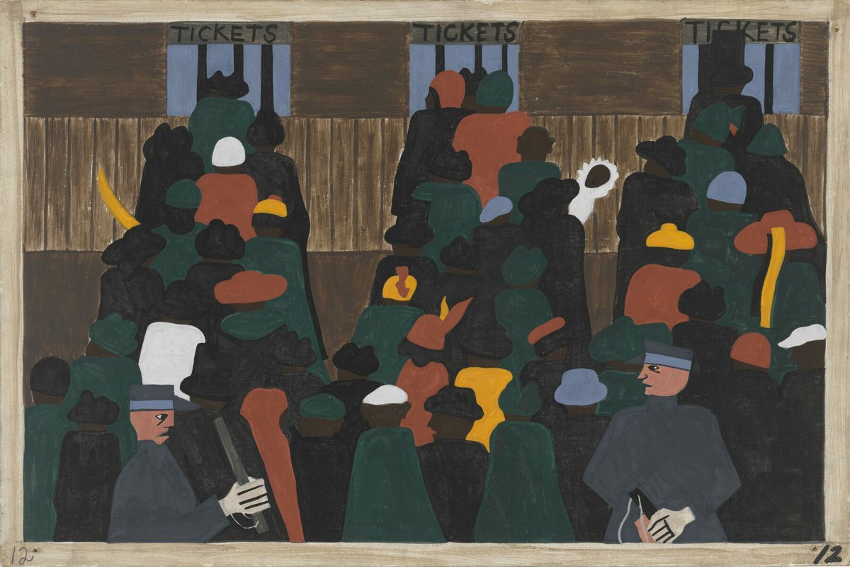 Jacob Lawrence, The railroad stations were at times so over-packed with people leaving that special guards had to be called in to keep order, 1940-41 #museumarchive #jacoblawrence moma.org/collection/wor…