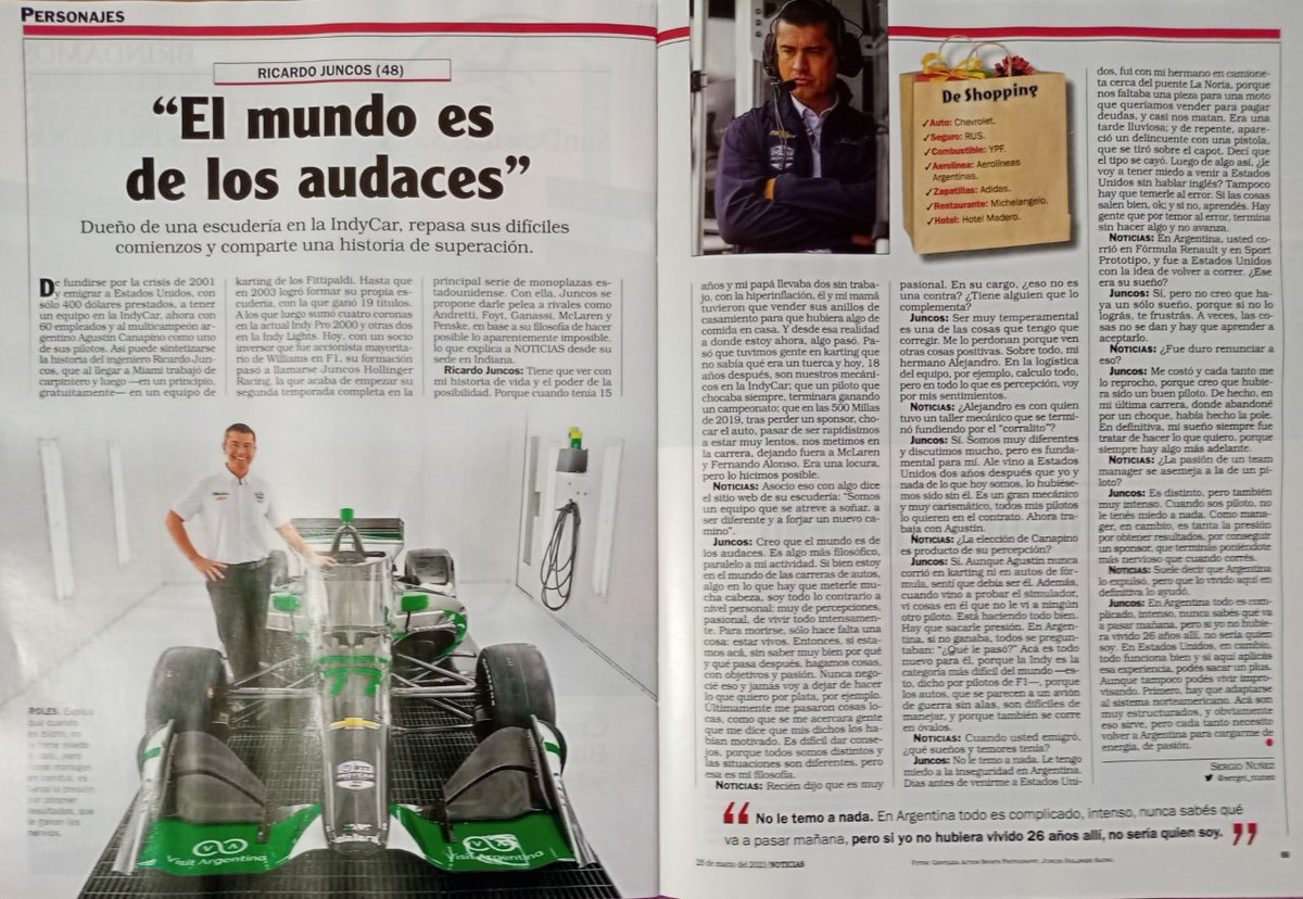 Mi entrevista hoy en <a href="/noticiasrevista/">Revista Noticias</a> a <a href="/ricardojuncos/">Ricardo Juncos</a>, el ingeniero argentino que por la crisis de 2001 se fue a USA con sólo U$ 400 prestados y que hoy tiene un equipo en la <a href="/IndyCar/">NTT INDYCAR SERIES</a>, con el multicampeón nacional @agustincanapino como uno de sus pilotos.
#RicardoJuncos #IndyCar