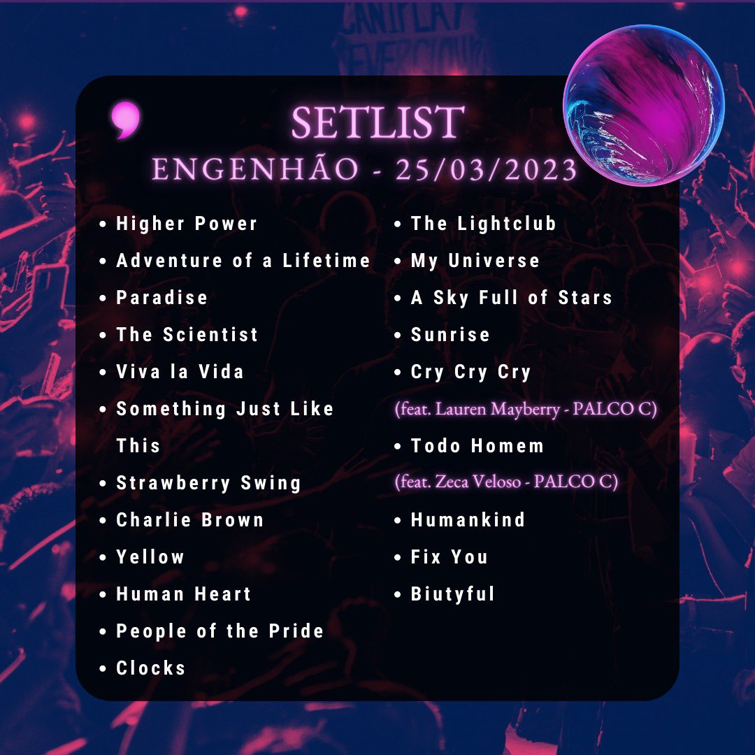 coldplaybrasil's tweet photo. Setlist do show de hoje 25/03/2023 ✨

Tivemos a bela surpresa de Strawberry Swing e participação de Zeca Veloso. O que acharam?  #CPBRemRJ #ColdplayRio https://t.co/CyZU3J9TpK