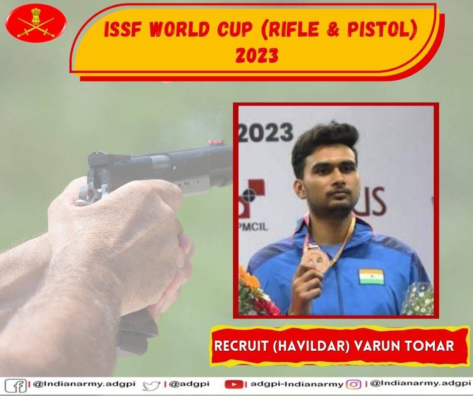 adgpi's tweet photo. #Proud

#IndianArmy shooter Rect (Havildar) Varun Tomar won #SilverMedal in Mixed Team &amp; #BronzeMedal in Men’s 10m Air Pistol Event at the ISSF World Cup 2023 held at #Bhopal, #MadhyaPradesh &amp; brought laurels to the #Nation &amp; #IndianArmy.

@issf_official 
#Sports
#MissionOlympics https://t.co/NZ9GIo7Lcn