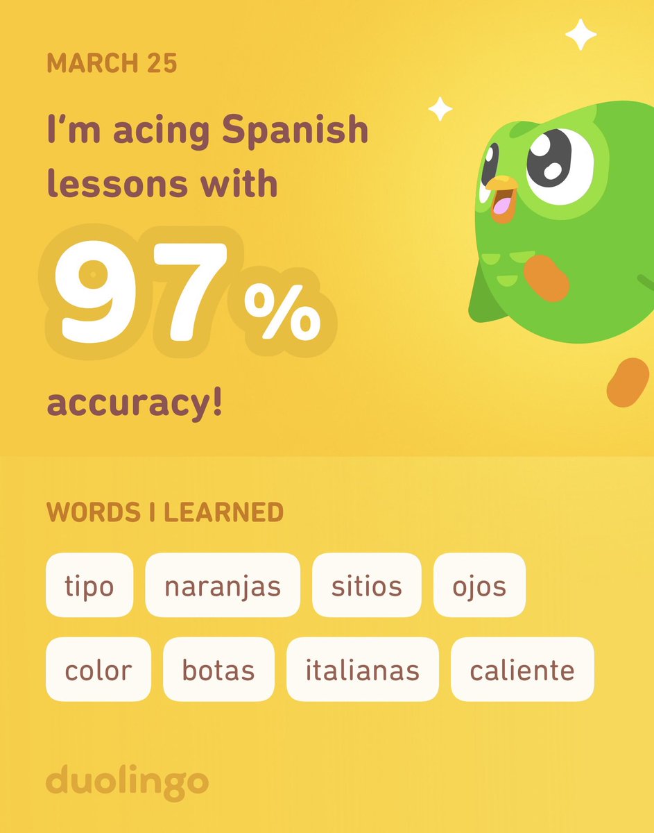 KinderReeves's tweet photo. I’m learning Spanish on Duolingo! It’s free, fun, and effective. https://t.co/gFA05affNJ
