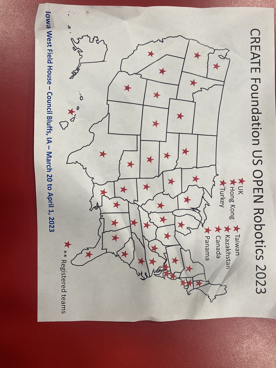 Having a great time in Iowa with two of the robotics teams. It’s really neat to see all the states representing here and a few other countries.  The red stars represent all the states and countries present.  Our team alliances are from West Virginia and Texas.