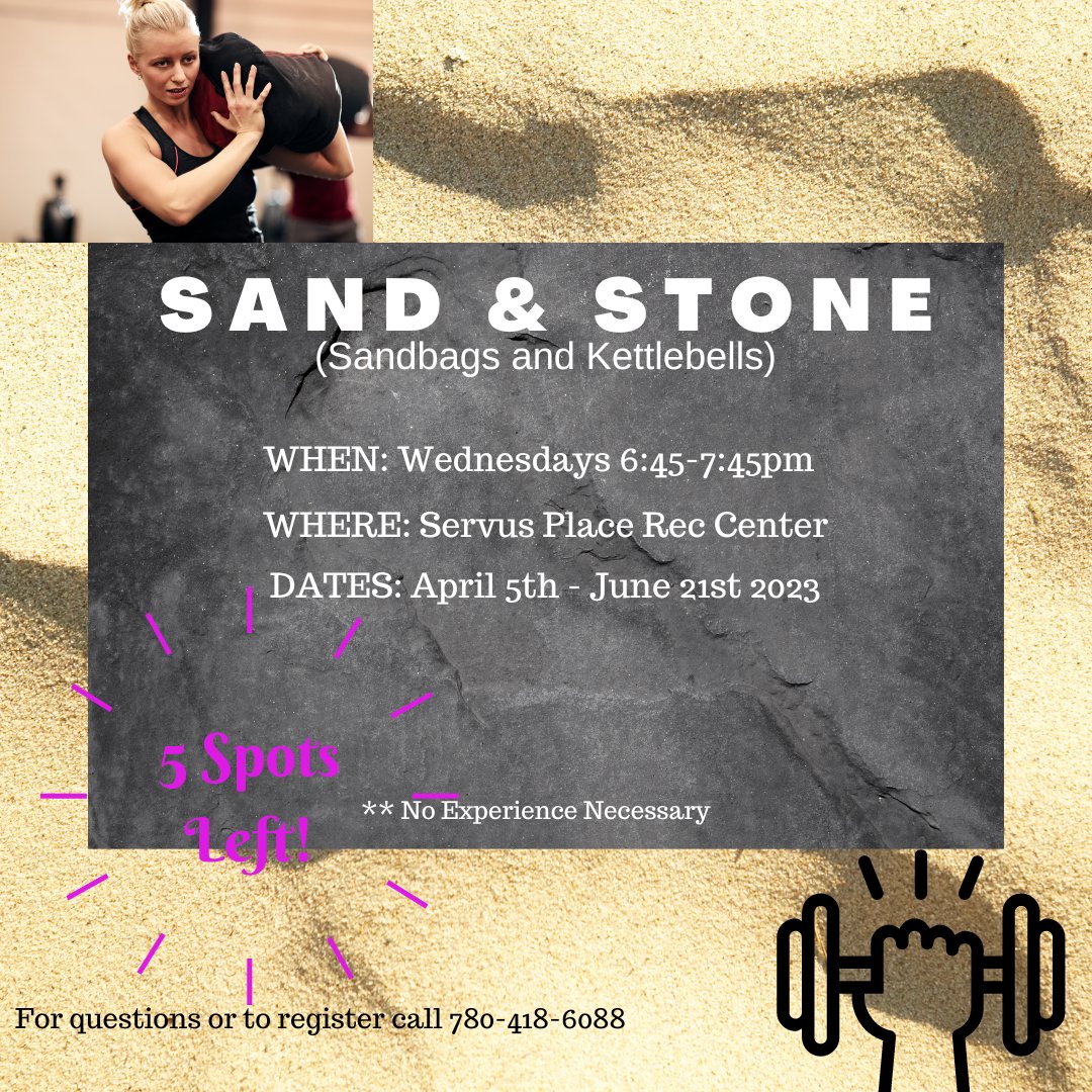 FitJas's tweet photo. Spring session is coming fast! Class starts in under 2 weeks! @StA_Recreation
Join us Wednesday nights for Sand &amp; Stone! No previous experience necessary! Join an amazing group!!
For questions or to register call 780-418-6088 #servusplacefitness #servusplace #kettlebells #sandbag https://t.co/8CihbLPM9T