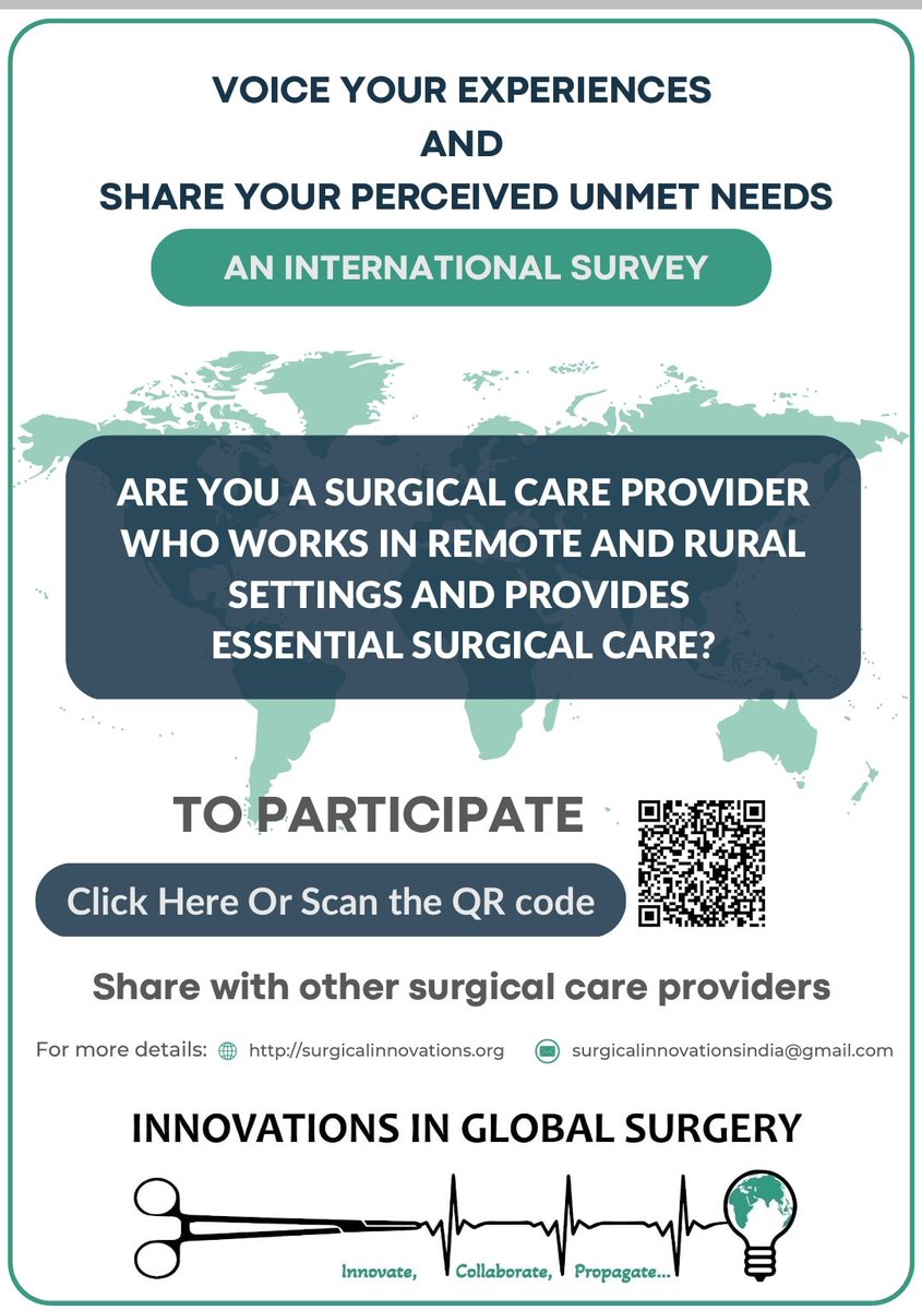 InnovGlobSurg's tweet photo. Be a Voice &amp; share your perceived unmet needs in delivering essential surgical care by joining the cross-sectional survey by @InnovGlobSurg. Help us find solutions &amp; shape the future of #GlobalSurgery! #UnmetNeeds #SurgicalCare #EssentialSurgery
 [https://t.co/bJDJzaZaqh]. https://t.co/niQZYuPa72