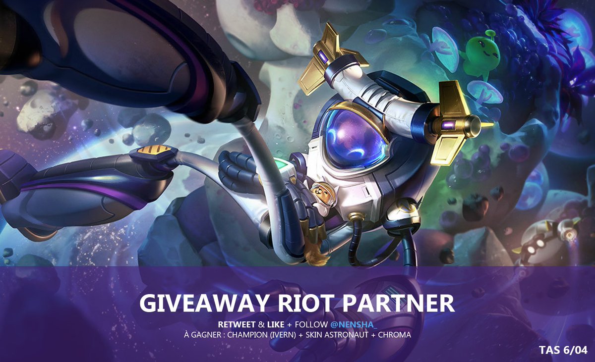 Nensha_'s tweet photo. 🎁 GIVEAWAY #LeaguePartner 

3…2….1.. Let’s go into space 🚀
Merci Riot ❤️🫣

À gagner:
👉 Ivern + Skin Astronaut + Chroma

Pour participer:
🔁like et retweet ce post
✅follow @Nensha_

🎲Tirage au sort 6/04
GL HF 💜

#LeagueOfLegends #LoL #Giveaway #RiotPartner https://t.co/XfUTw0MHK4