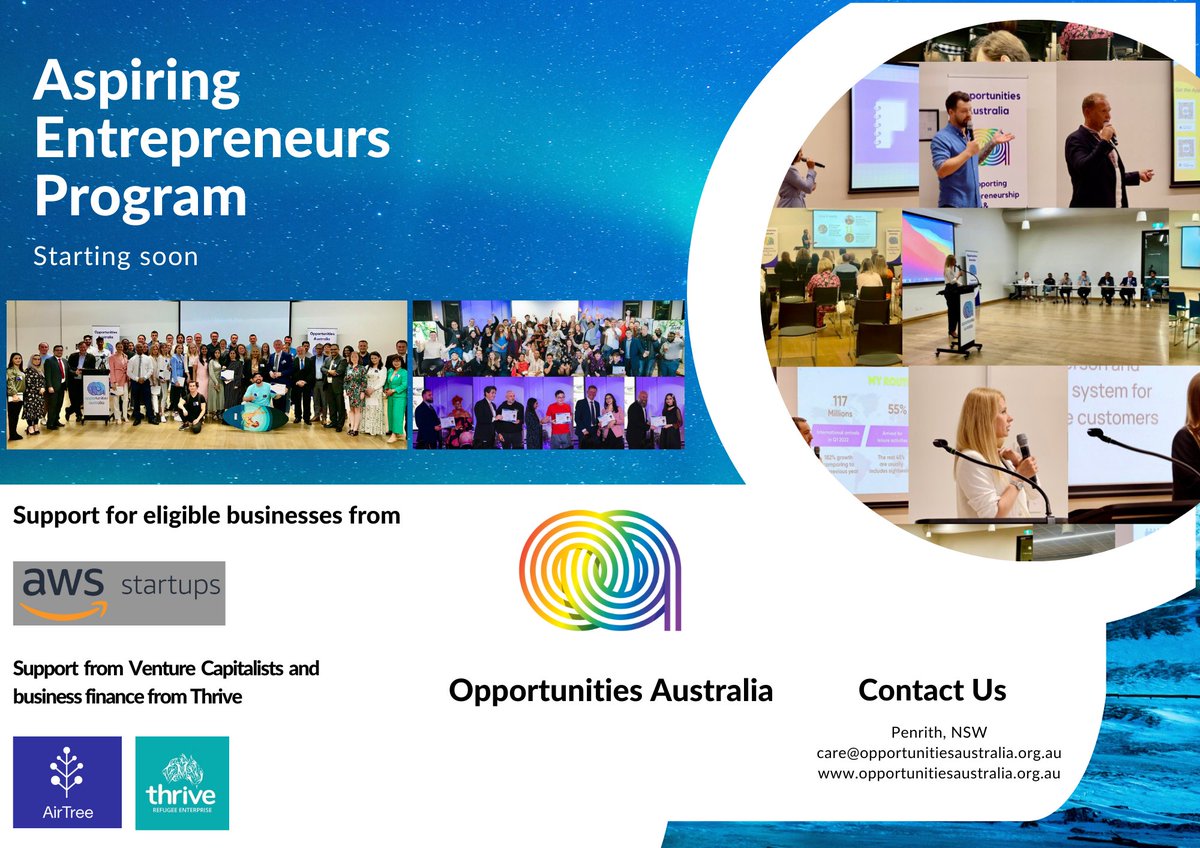 OpportunitiesAu's tweet photo. We are excited to launch our fourth Aspiring Entrepreneurs program in association with UTS. Application closes on 13 April.

Looking forward to seeing you in the program.

https://t.co/amCGyHXfeE

#entrepreneurs #startup #sydney #australia #business https://t.co/gvNJZoQXeG