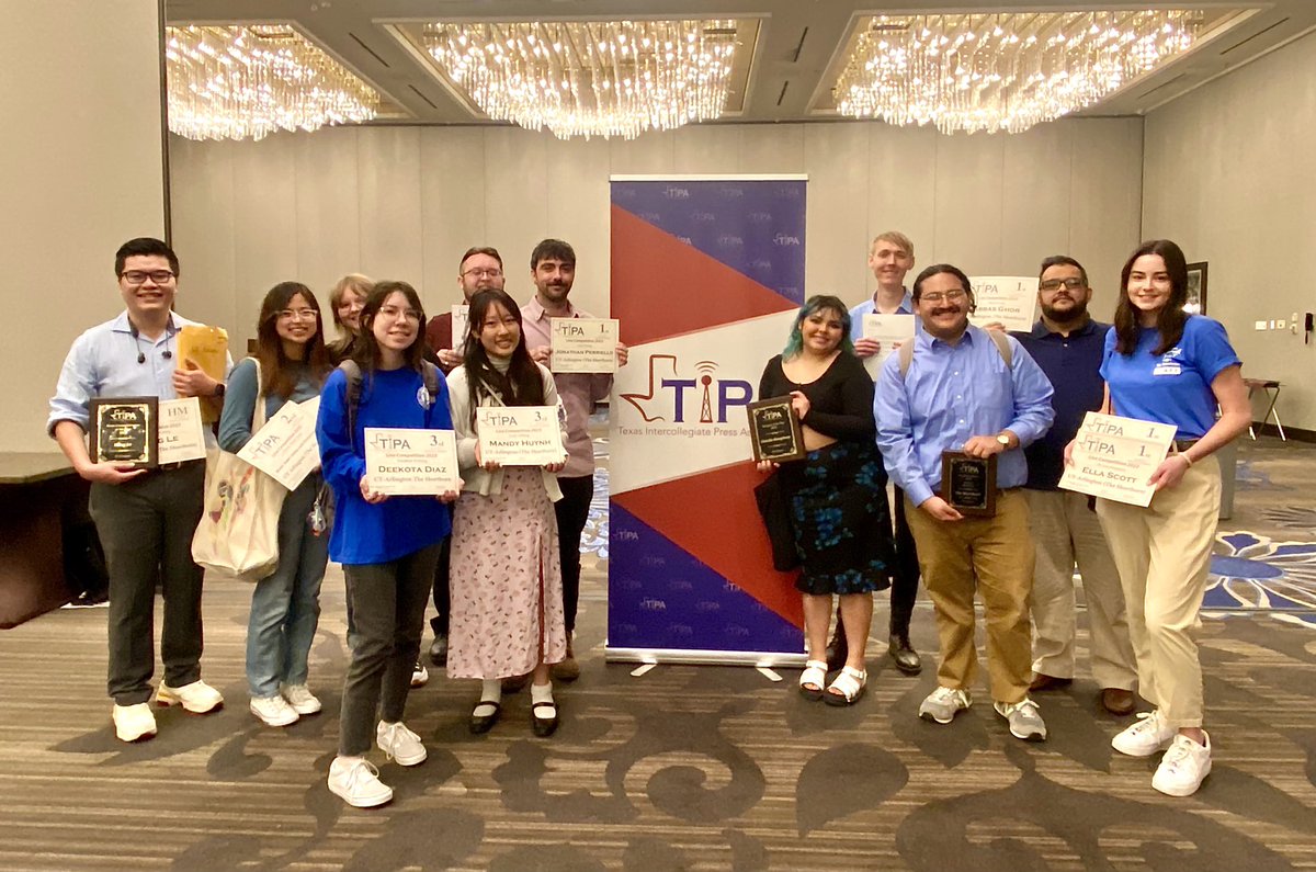 lauriefoxwrite's tweet photo. It’s impossible to work at @UTAShorthorn without seeing a spark of enthusiasm, learning or drive each day. 
The main thing we do is cover the campus and Arlington.
Occasionally, we take a beat and celebrate how *good* our students are at that job. 
Strong showing at #TIPA2023 
💙 https://t.co/9NgWpADRUj