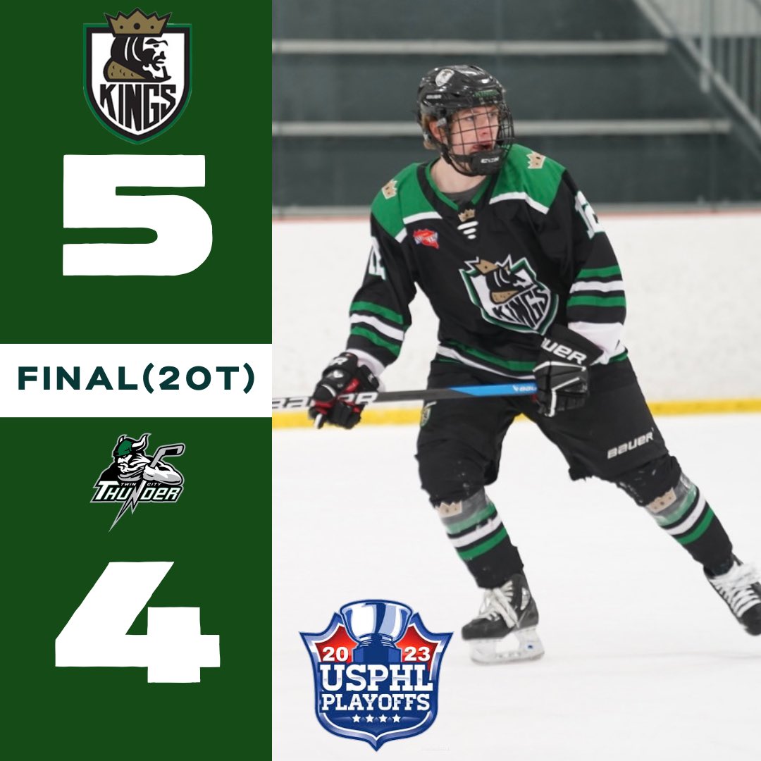 WE ARE HEADED TO THE #DINEENCUP FiNALS!!! 

@aiden_lindley scores at 15:06 of double OT to send the #Kings to the finals! 

@LoganGanz 🚨🚨🍏
Lindley 🚨🍏
Gayfullin 🍏🍏
Wilson 🚨
Russell 🚨

Torgner makes 45 saves in the win!

Kings will face the PAL Islanders in the finals!