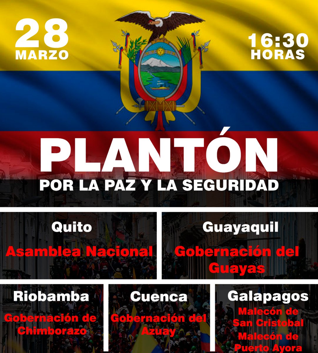 jazharb's tweet photo. 🇪🇨 ECUADOR SE LEVANTA 🇪🇨
ESTE 28 DE MARZO A LAS 4:00 PM

📍 UIO: Asamblea Nacional
📍 GYE: Gobernación del Guayas
📍 CUENCA: Gobernación del Azuay
📍 GALÁPAGOS: Malecón Puerto Ayora/San Cristóbal
📍 RIOBAMBA: Gobernación de Chimborazo
¡Nos vemos Ecuatorianos!
Apoya con el RT 👌 https://t.co/mMWGAOFD8B