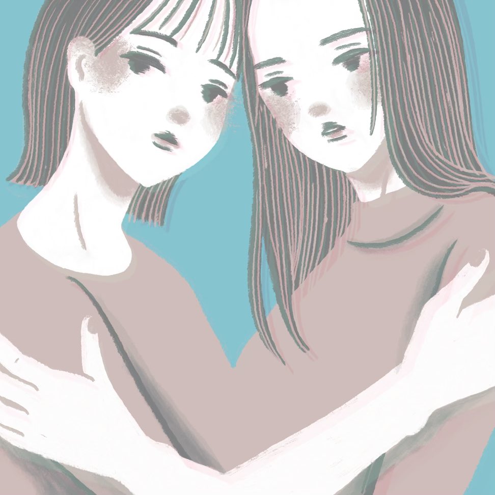 multiple girls 2girls shirt long hair simple background black hair blue background  illustration images