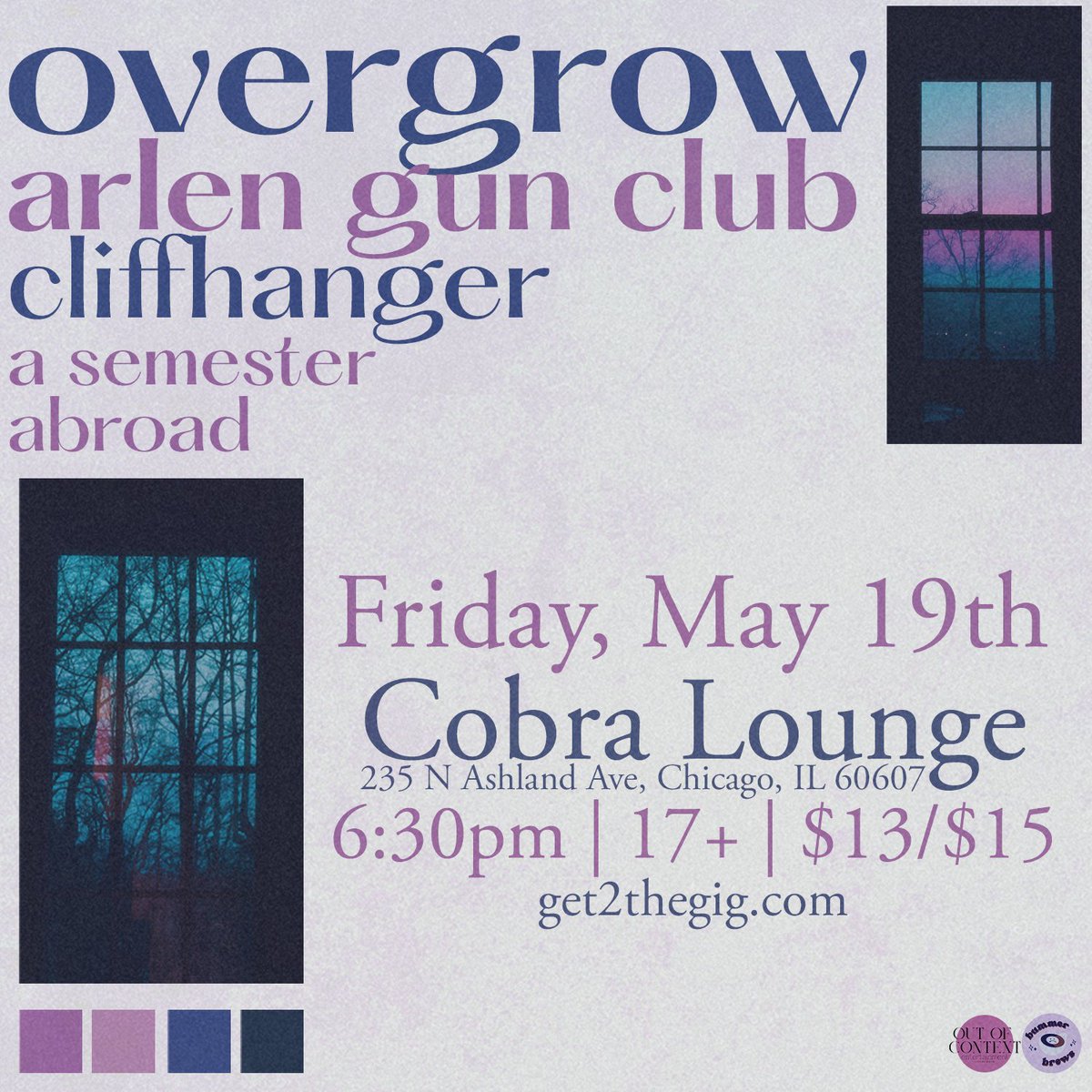Another gig comin' at ya. 🫡

Don't miss <a href="/OvergrowMW/">Overgrow</a> with <a href="/ArlenGun/">Arlen Gun Club</a>, <a href="/CLIFFHANGERPUNK/">CLIFFHANGER</a> &amp; <a href="/Semester_Abroad/">A Semester Abroad</a> at <a href="/CobraLounge/">CobraLounge</a> on 5/19! 

You can get your tickets now @ get2thegig.com.