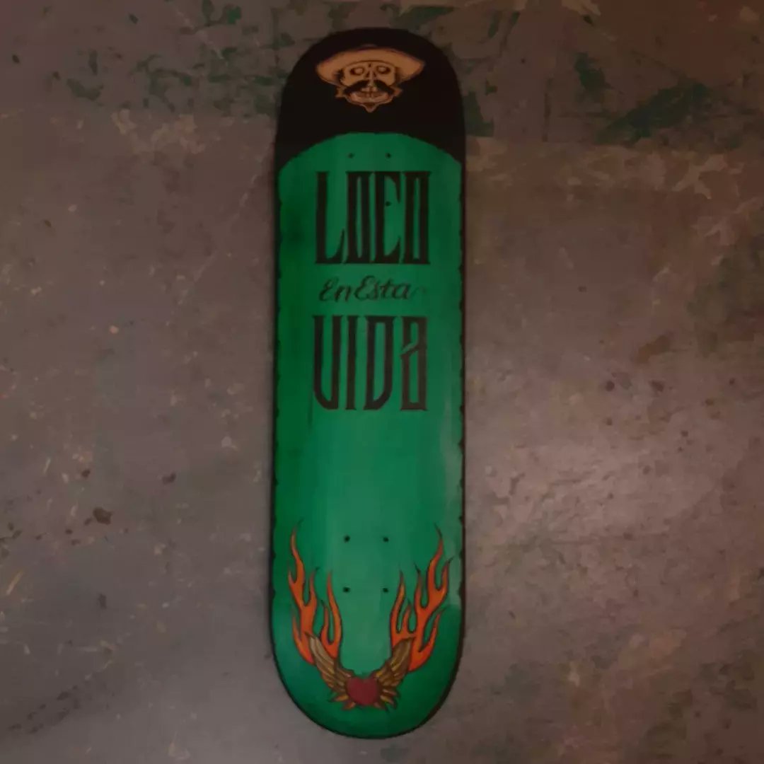 Henryloco559's tweet photo. Here's where I am so far with the skatedeck art for #fresnoskateboardsalvage I will continue tomorrow. #locoatfua #henryloco #fresnoundergroundart #wip #myprocess #skatedeckart #locoenestavida #purofresno #californiacultura #handpainted #notAIart https://t.co/C3kxuaghup