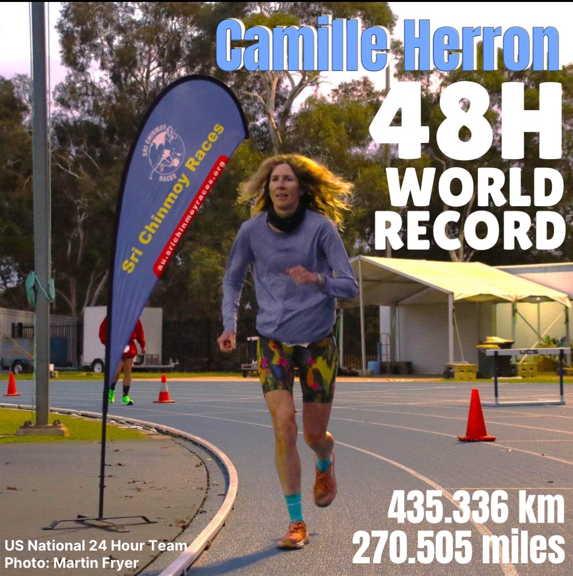 USAultrarunning's tweet photo. 💥💥 BREAKING NEWS from Australia’s Sri Chinmoy 48 Hour Festival Update: 

@runcamille had the race of a lifetime.

▶️ Set new 48 Hour World Record
270.505 miles / 435.336 km (10:39 min/mile and 6:37 min/km). 

▶️ Only Yiannis Kouros &amp; Andrii Tkachuk have run a 48 Hour farther. https://t.co/KQNmYYYVrv