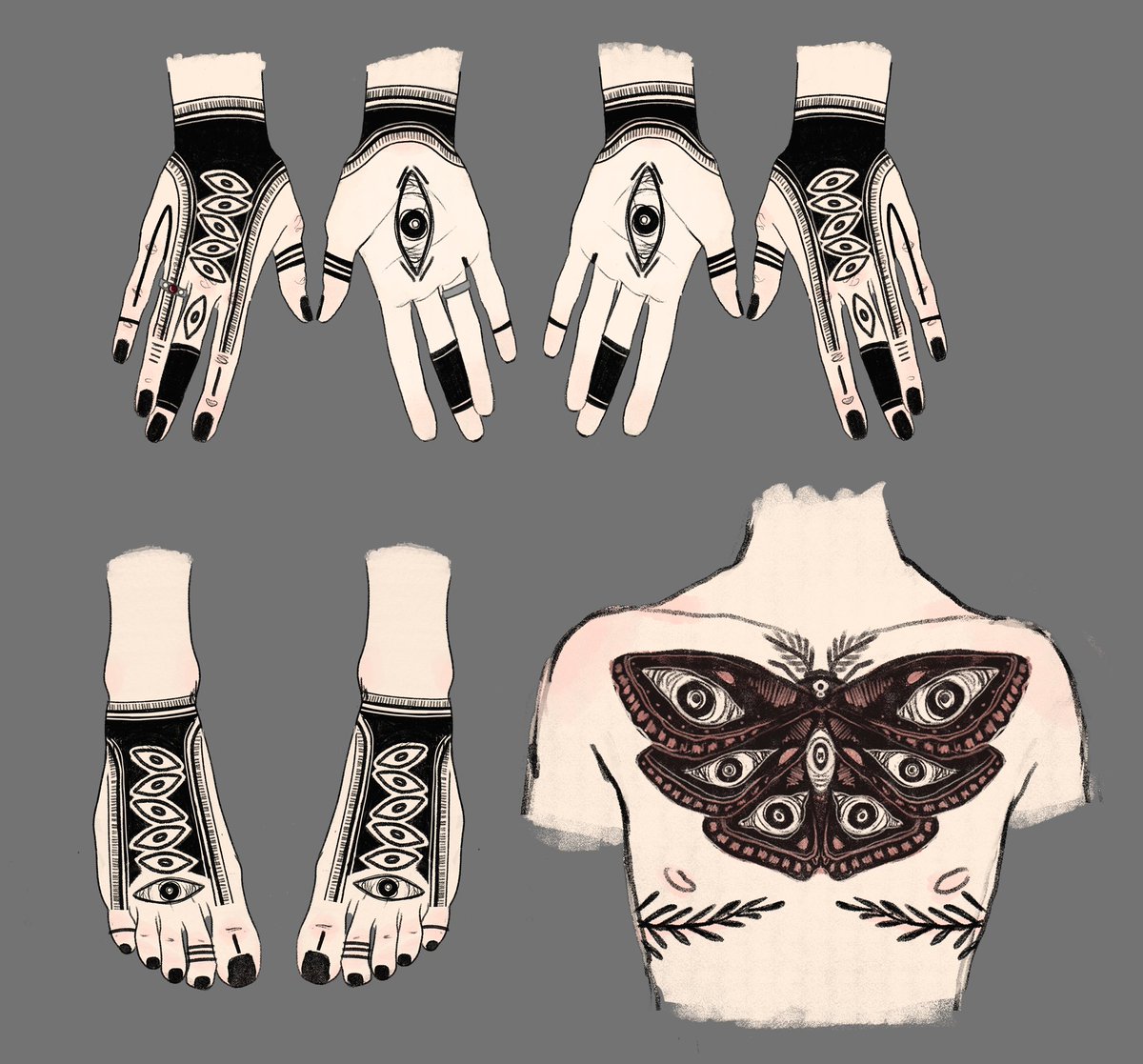 pachoulifishart's tweet image. A smol #characterdesign sheet to show the #tattoos my OC Paget usually keeps covered up lol. I love eyes and moths, and there&apos;s something especially nice about a six winged moth, idk. @UD_rpgroup