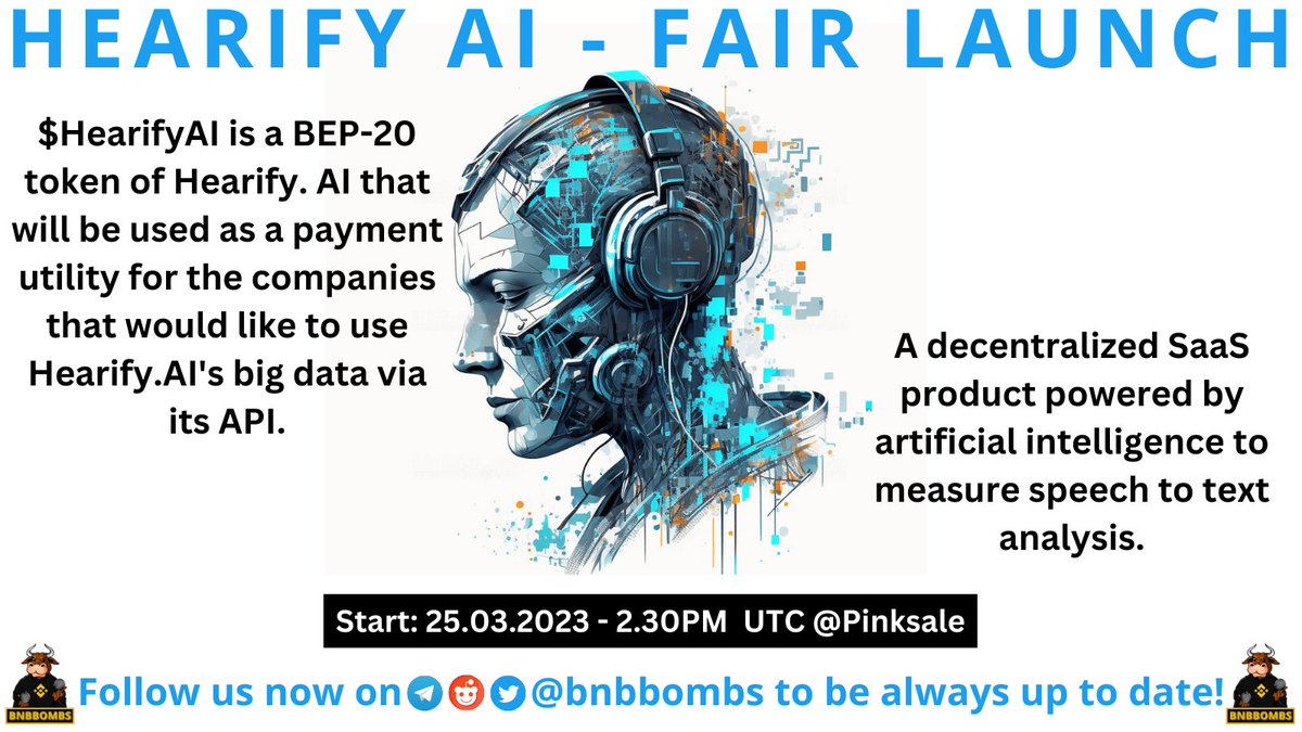 allchainbombs's tweet photo. #HEARIFYAI is a decentralized SaaS product powered by artificial intelligence to measure speech to text analysis. 0% Buy | 6% Sell (2% #USDT Reward) #Fairlaunch on #Pinksale with 50 BNB Softcap, and already filled over 123 BNB only last hours left, DYOR! @HearifyAI #BNBBombs #AI https://t.co/6d8mzq3pNb