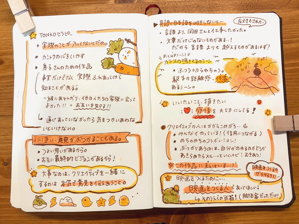 nakumaro's tweet photo. 📝ONI展:お話をつくるとは？メモ
堤さん(@tonkohouse )と脚本家の岡田麿里さんの対談すごく楽しかったです！
伝えたい感情や、自分の作り出した世界を愛して大切にすることってすてきだなって思いました。私も映画をつくる人でありたいな..😌
#ONI展 #tonkohouse https://t.co/JiXO97mcbm